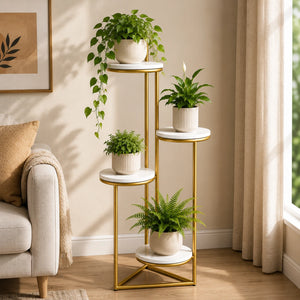 Beautiful Premium Looking Sturdy Metal Planter Stand With White Round Marble At Top - 4 Tier
