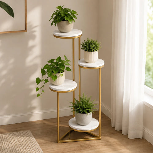 Beautiful Premium Looking Sturdy Metal Planter Stand With White Round Marble At Top - 4 Tier