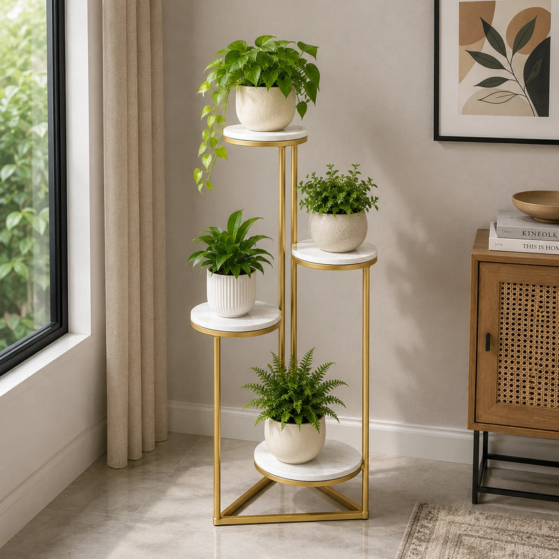 Beautiful Premium Looking Sturdy Metal Planter Stand With White Round Marble At Top - 4 Tier