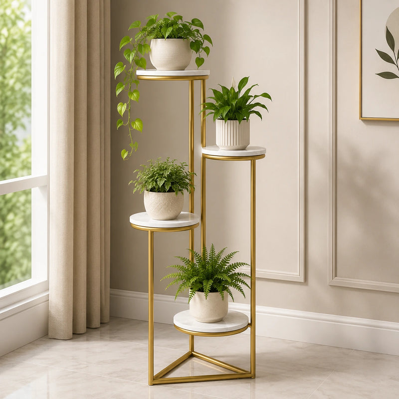 Beautiful Premium Looking Sturdy Metal Planter Stand With White Round Marble At Top - 4 Tier