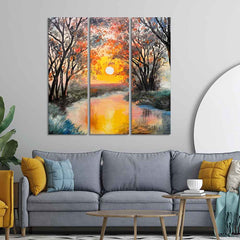 Beautiful Sunset at River Wall Painting Set of 3 Pieces