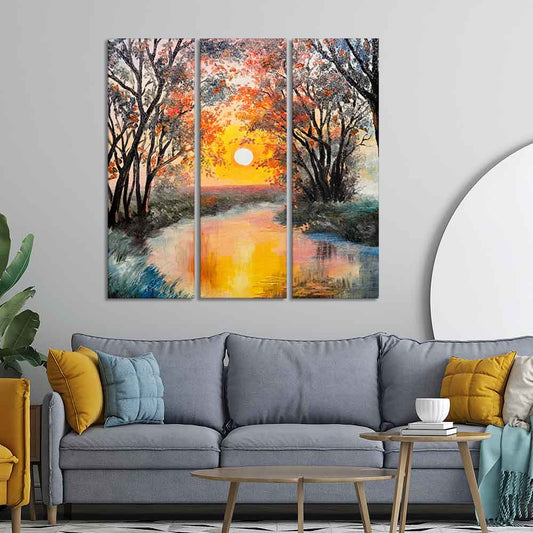 Beautiful Sunset at River Wall Painting Set of 3 Pieces