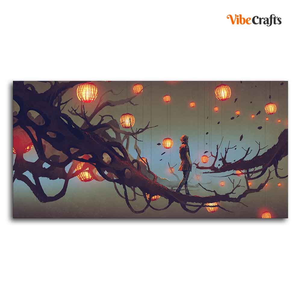  Man Walking on Tree with many Lanterns Background