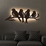 Birds Sitting on Branch Backlit Wooden Wall Decor with LED Night Light Walnut Finish