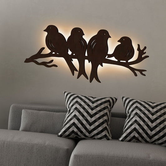 Birds Sitting on Branch Backlit Wooden Wall Decor