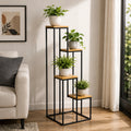 Black Metal Planter Stand with Premium Brown Wooden Shelves- 4 Tier