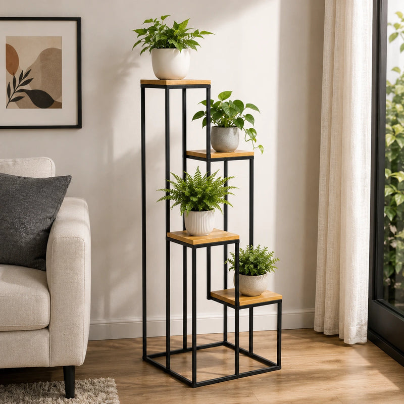 Black Metal Planter Stand with Premium Brown Wooden Shelves- 4 Tier