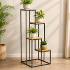Black Metal Planter Stand with Premium Brown Wooden Shelves- 4 Tier