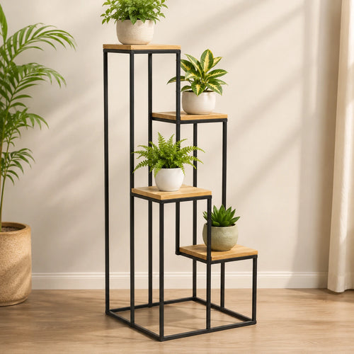 Black Metal Planter Stand with Premium Brown Wooden Shelves- 4 Tier