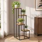 Black Metal Planter Stand with Premium Brown Wooden Shelves- 4 Tier
