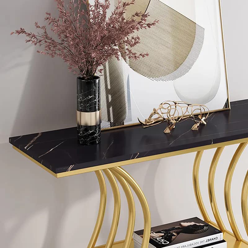 Black Narrow With Shelf Marble Top Console Table