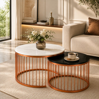 Black & White Caged Copper Nesting Table Set of 2