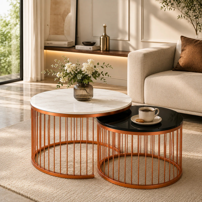 Black & White Caged Copper Nesting Table Set of 2