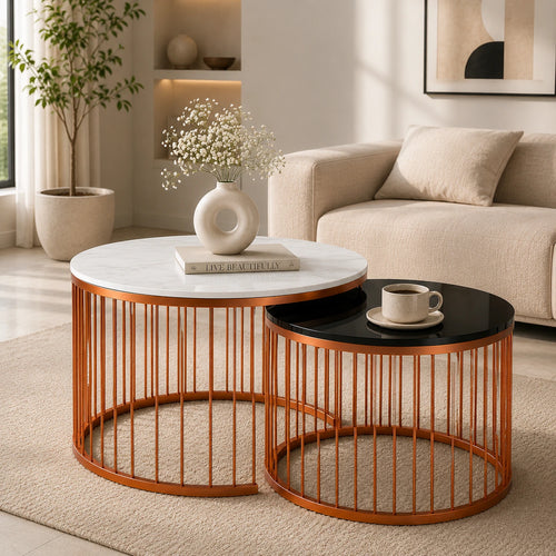Black & White Caged Copper Nesting Table Set of 2