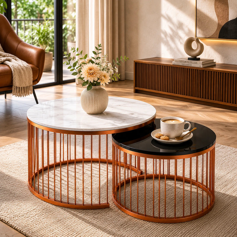 Black & White Caged Copper Nesting Table Set of 2
