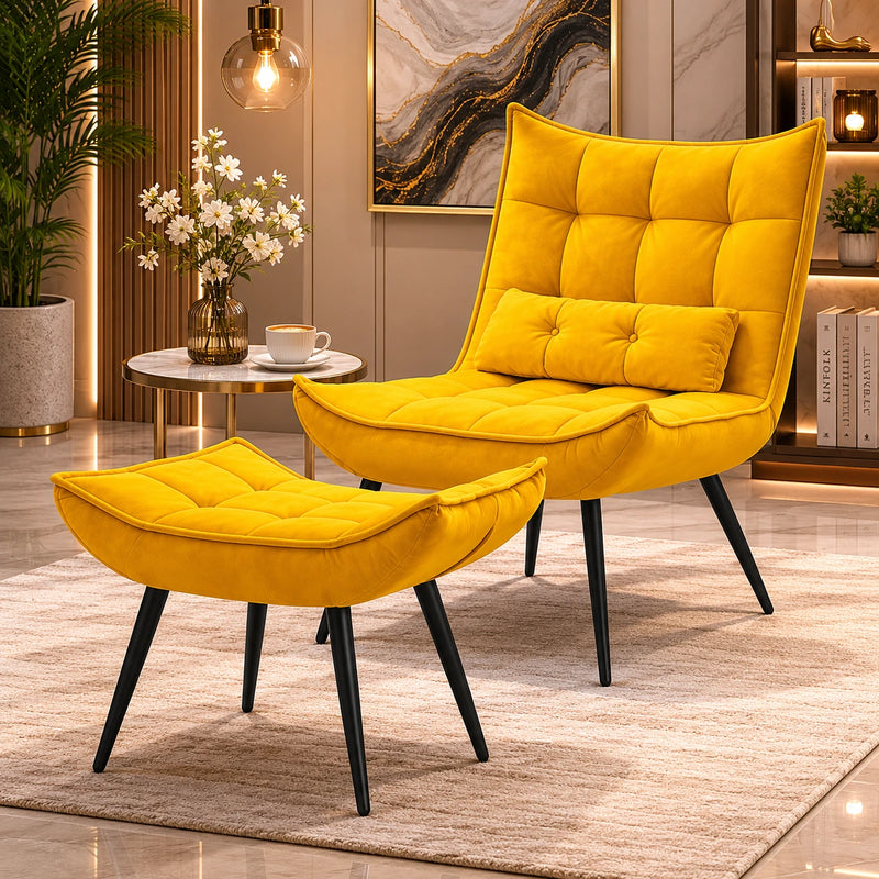 Bright Yellow Leatherette Finish Accent Chair with Footrest & Cushion