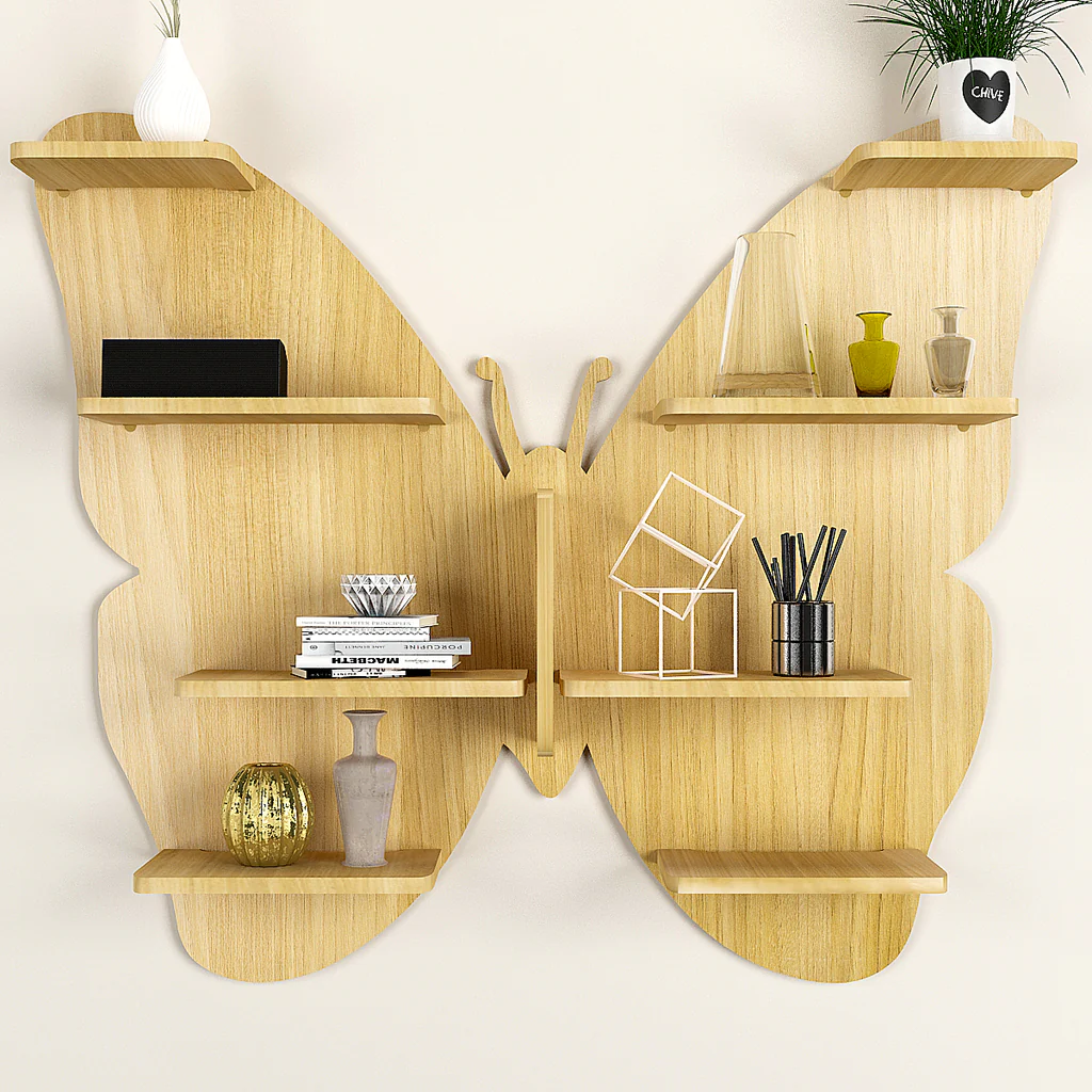 Butterfly Shape Backlit Designer Wooden Wall Shelf / Book Shelf / Night Light, Oak Finish