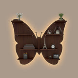Butterfly Shape Backlit Designer Wooden Wall Shelf / Book Shelf / Night Light, Walnut Finish