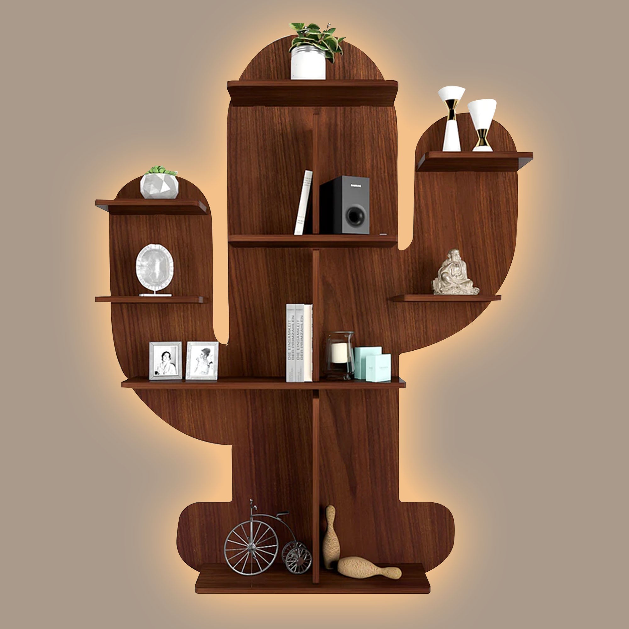 Cactus Shape Designer Wooden Wall Shelf / Book Shelf, Walnut Finish