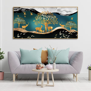 Canvas Wall Painting of Golden Trees With Birds And Deer