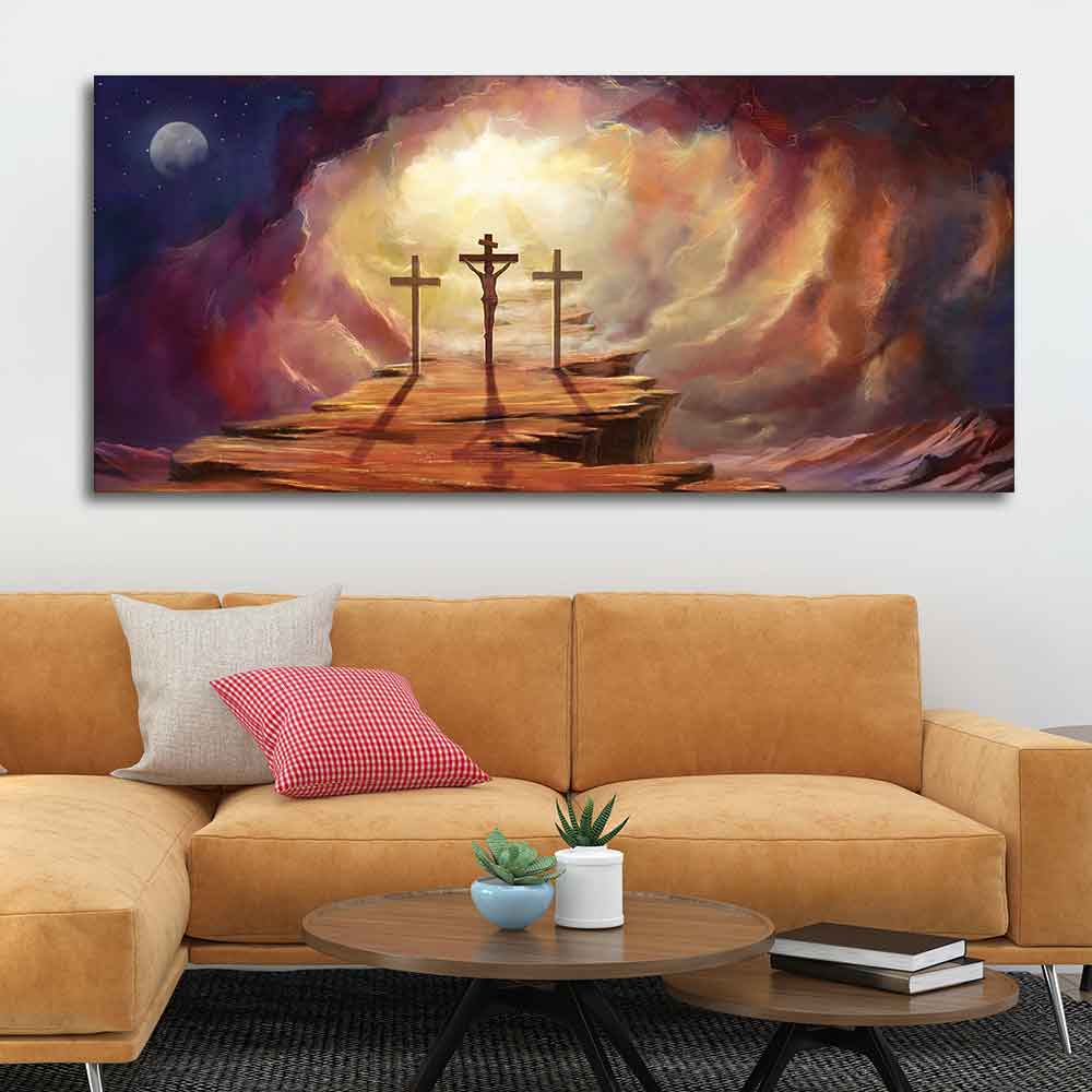 Canvas Wall Painting of Jesus Cross with Moon Dark Background