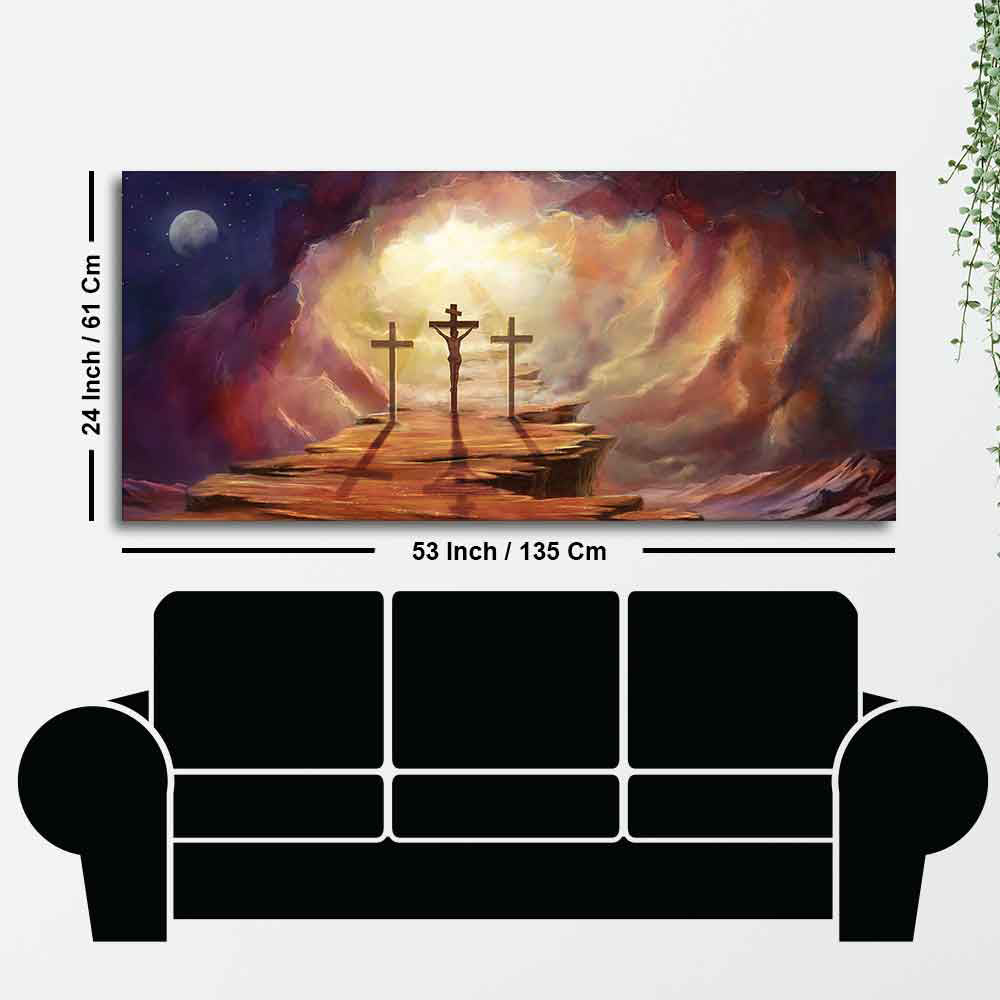 Canvas Wall Painting of Jesus Cross with Moon Dark Background