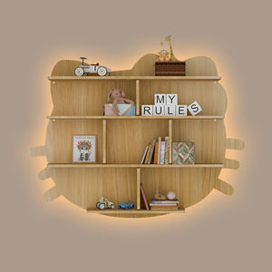 Cat Shape Backlit Designer Wooden Wall Shelf / Book Shelf / Night Light, Oak Finish