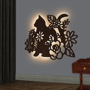 Cat with Flower Backlit Wooden Wall Decor 