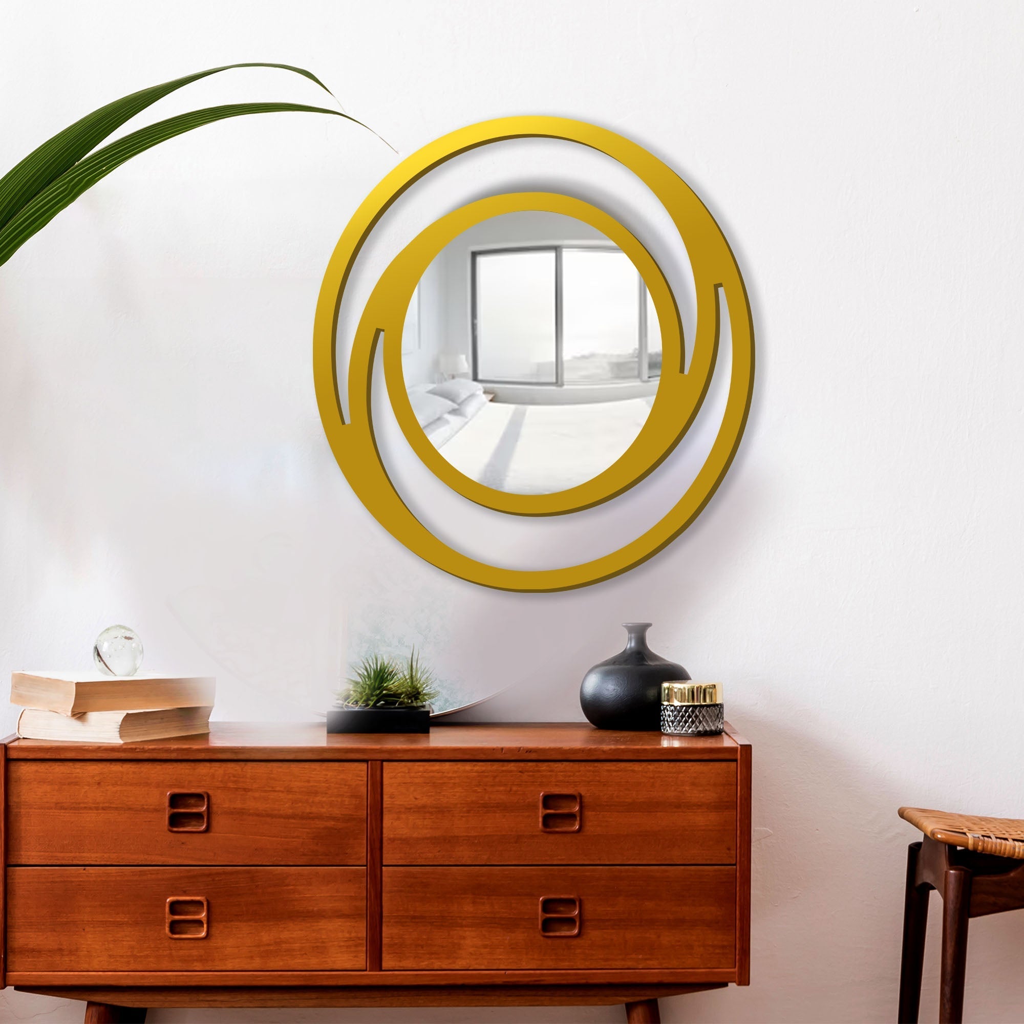 Circular Shaped Designer Wooden Wall Mirror With Gold Texture
