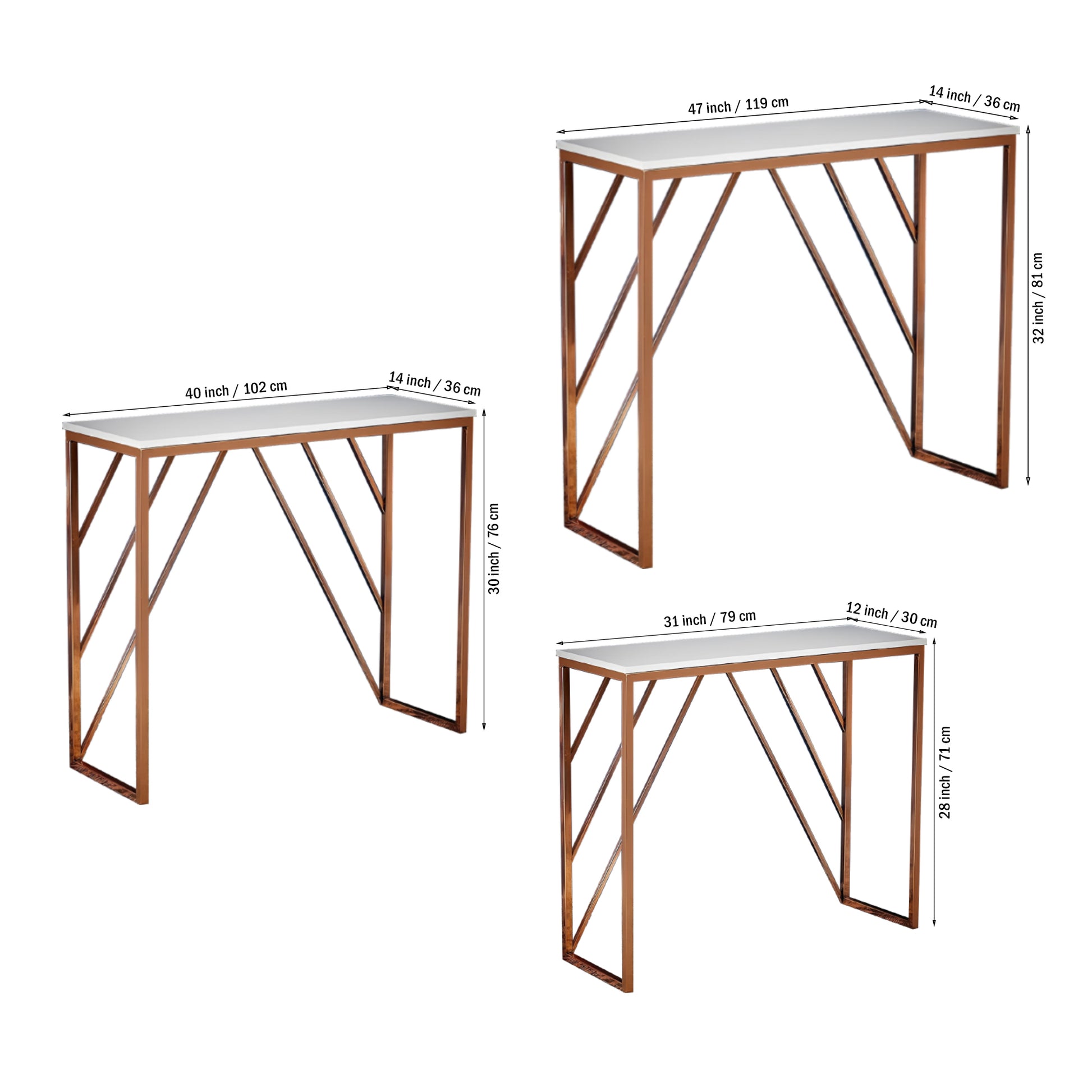 Classic Design Console Table White Rectangular Shape with Copper Metal Finish