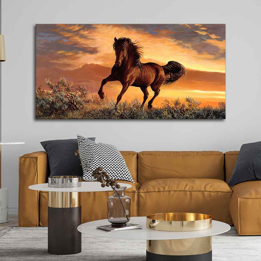 Quality Wall Painting of Brown Horse in Sunset