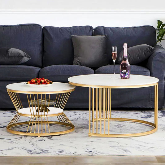 Home Decor Classic Style White Marble Golden Coffee Table Set of 2