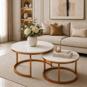 Classic Style White Round Coffee Table Set of 2