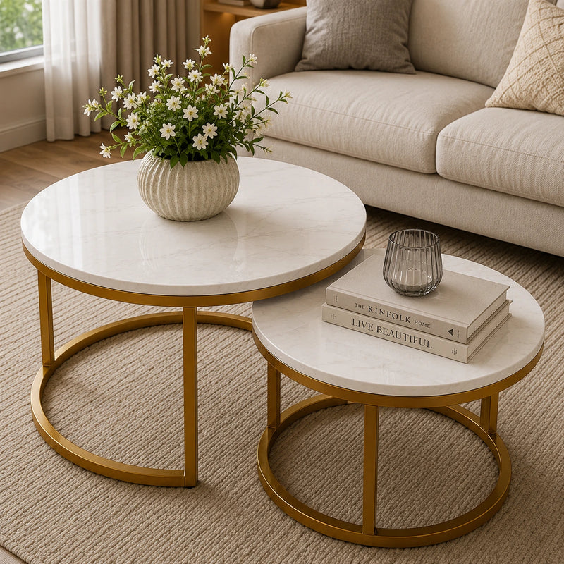 Classic Style White Round Coffee Table Set of 2
