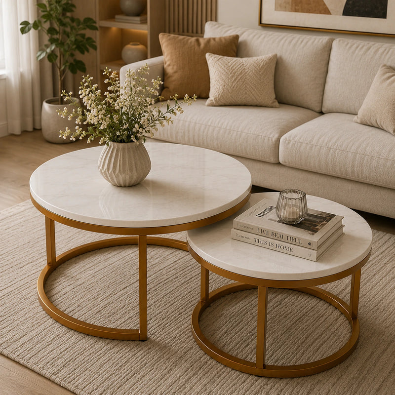 Classic Style White Round Coffee Table Set of 2
