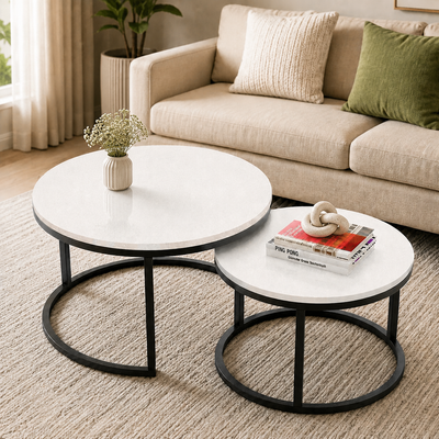 Classic White with Black Metallic Finish Round Coffee Table Set of 2