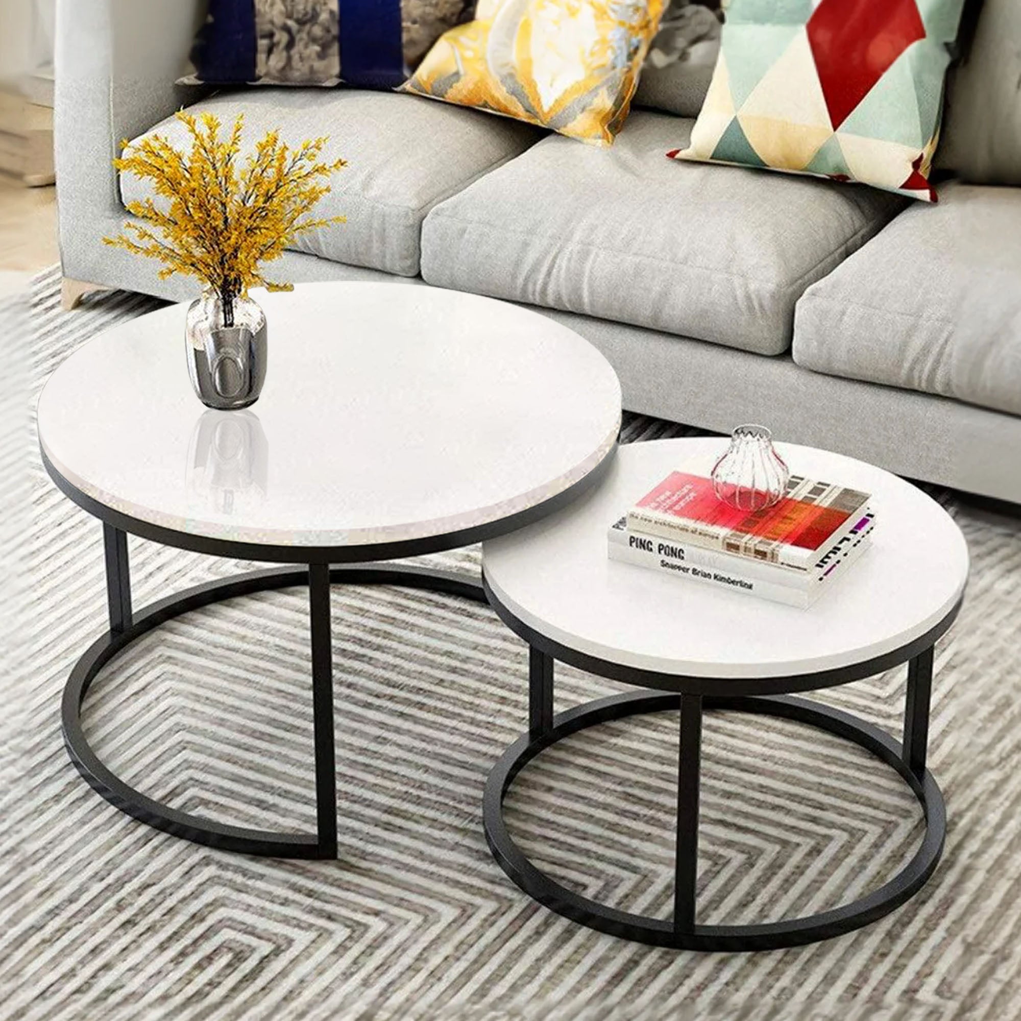 Classic White with Black Metallic Finish Round Coffee Table Set of 2