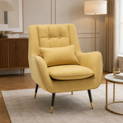 Classic Yellow Thick Padded Velvet Sofa Lounge Chair with Cushion