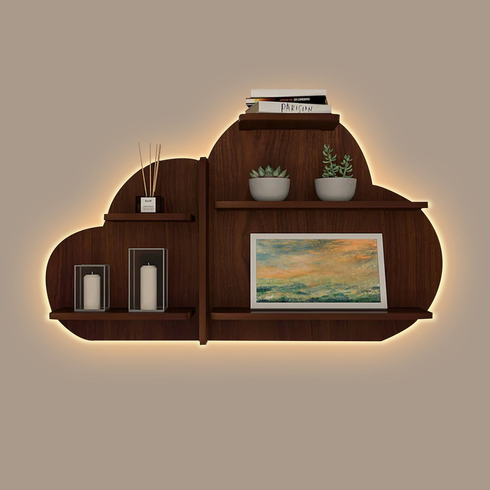 Cloud Shape Backlit Designer Wooden Wall Shelf / Book Shelf / Night Light, Walnut Finish