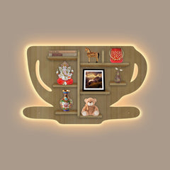 Coffee Cup Shape Wooden LED Light Wall Shelf with Oak Finish