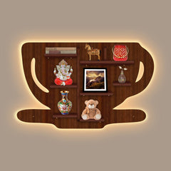 Coffee Cup Shape Wooden LED Light Wall Shelf with Walnut Finish