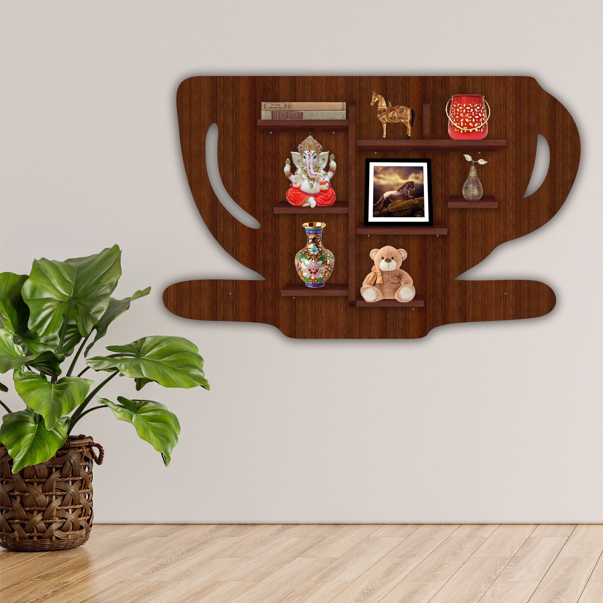 Coffee Cup Shape Wooden LED Light Wall Shelf 