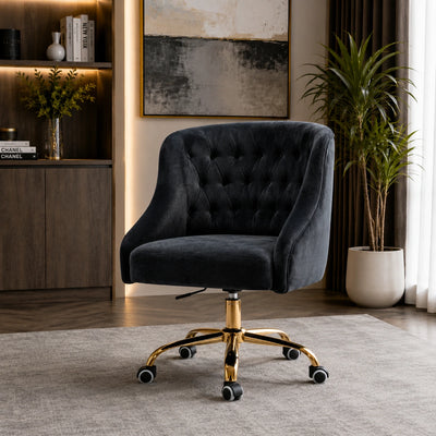 Comfort Tufted Back Black PU Foam Accent Chair with Golden Base