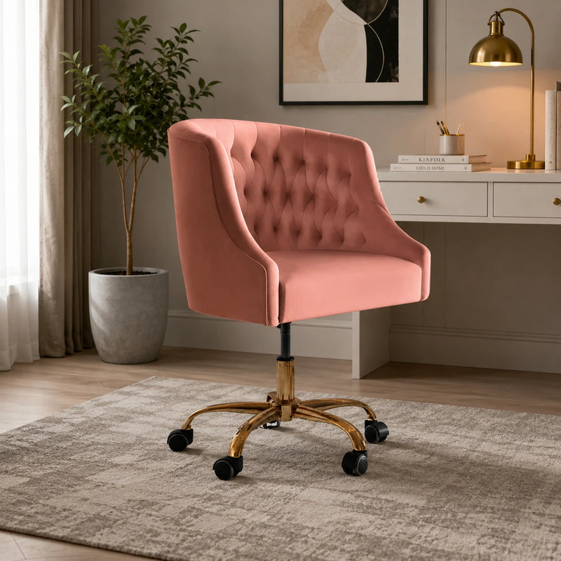 Comfort Tufted Back Pink PU Foam Accent Chair with Golden Base