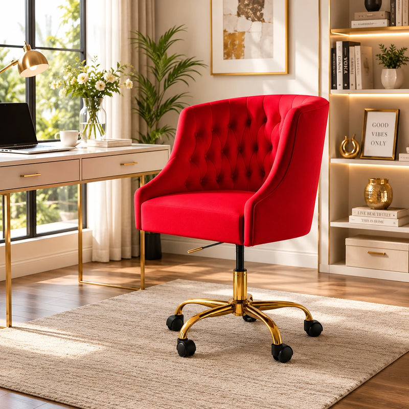 Comfort Tufted Back Red PU Foam Accent Chair with Golden Base