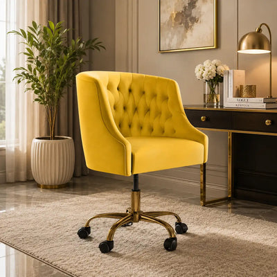 Comfort Tufted Back Yellow PU Foam Accent Chair with Golden Base