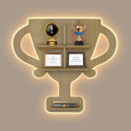 Competition Trophy Shape Wooden LED Light Wall Shelf with Oak Finish