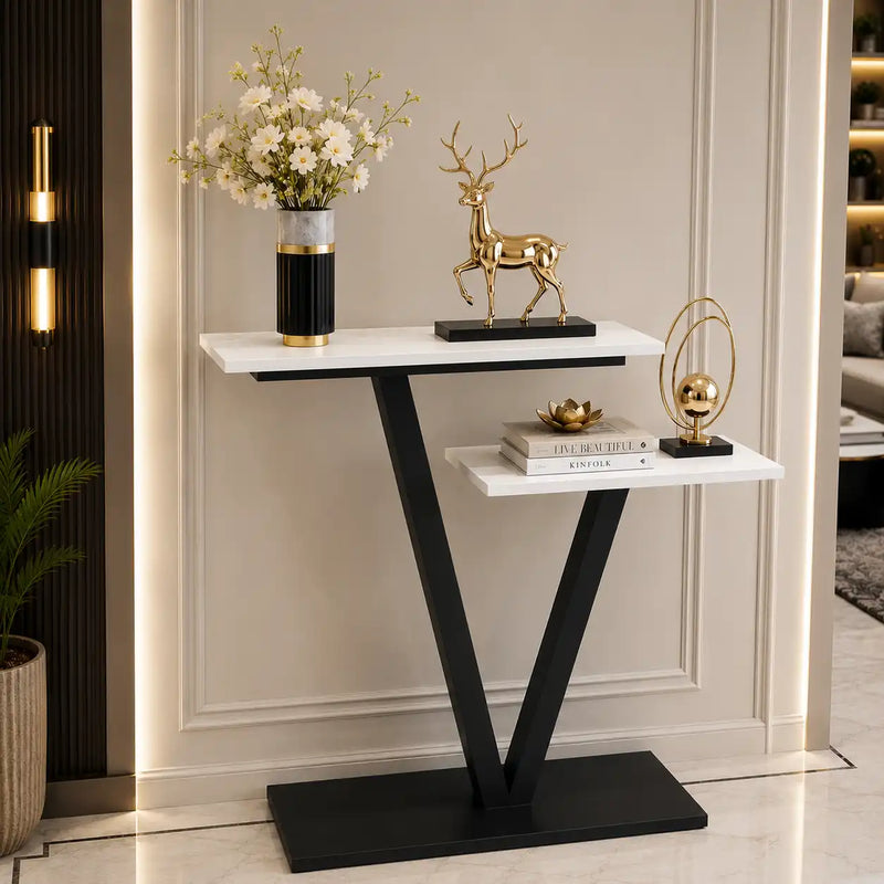 Contemporary 2 Tier White Marble Black Console Table