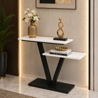 Contemporary 2 Tier White Marble Black Console Table