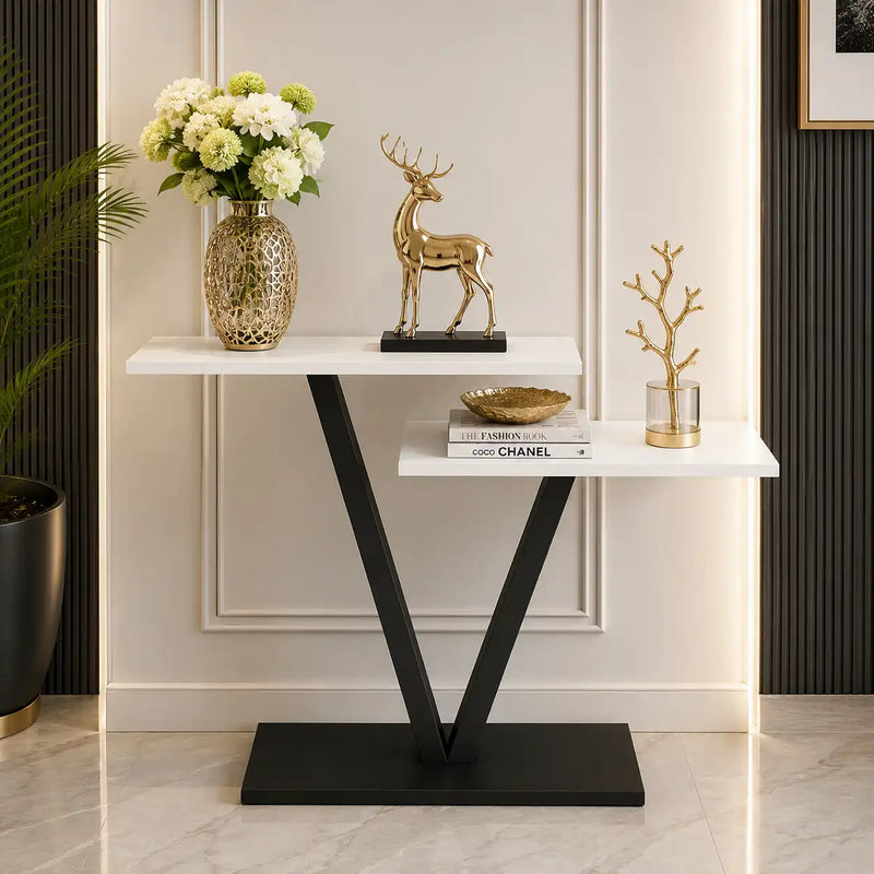 Contemporary 2 Tier White Marble Black Console Table